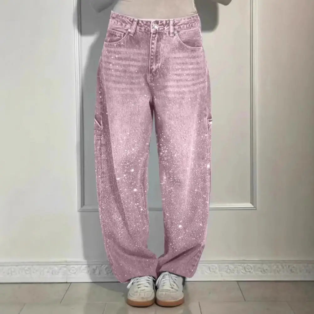 Women's Sparkly Harem Jeans High Waisted Baggy Wide Leg Bling Jeans Casual Straight Leg Denim Pants for Streetwear